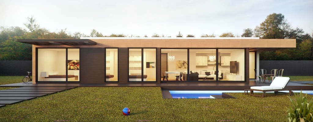 maison moderne avec pelouse et piscine