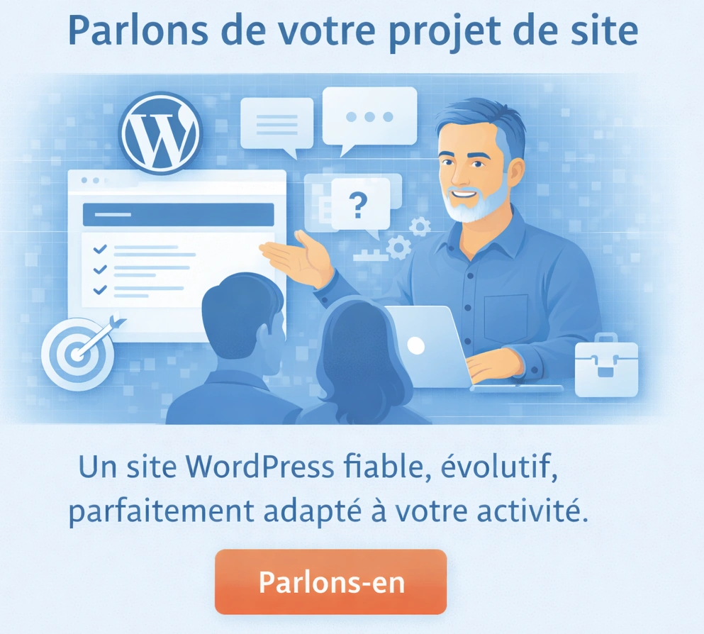 webmaster senior avec un couple en discussion, divers logos du web, WordPress et cta, en flatdesign
