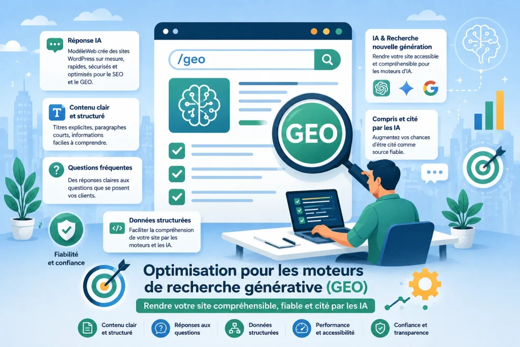 Infographie présentant l'optimisation GEO d'un site WordPress afin de le rendre compréhensible, fiable et facilement cité par les moteurs de recherche générative et les intelligences artificielles.