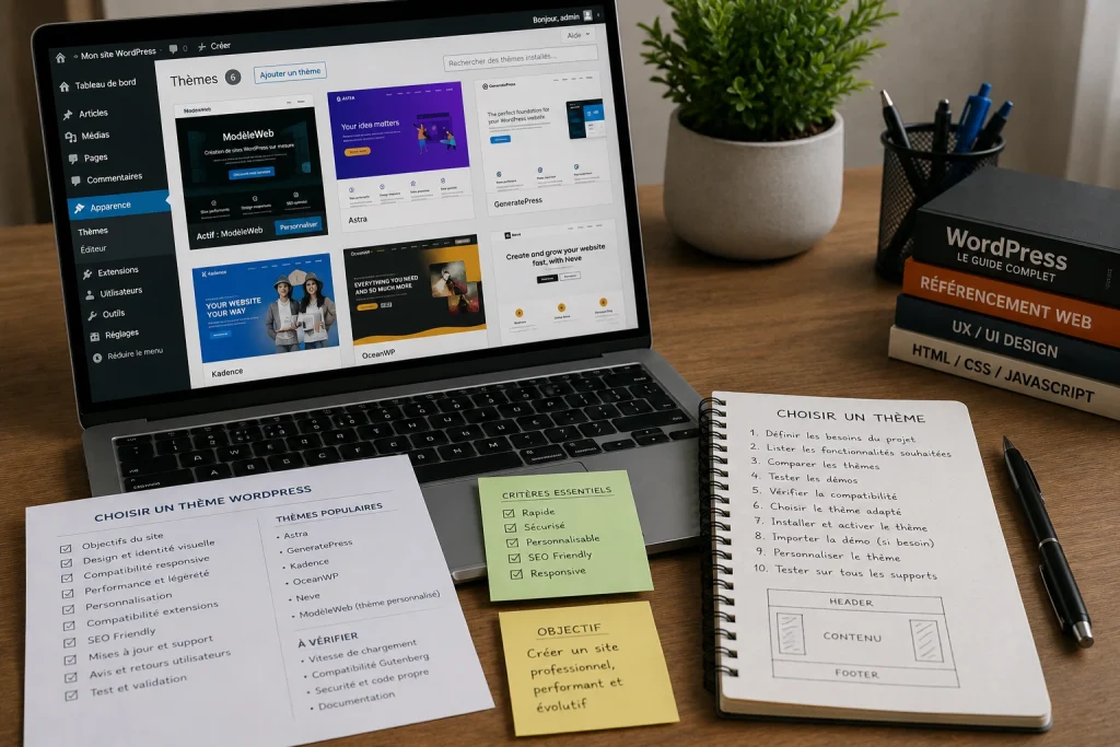 Écran d'administration WordPress affichant le choix des thèmes avec une check-list de sélection pour créer un site web performant, responsive et optimisé pour le référencement.