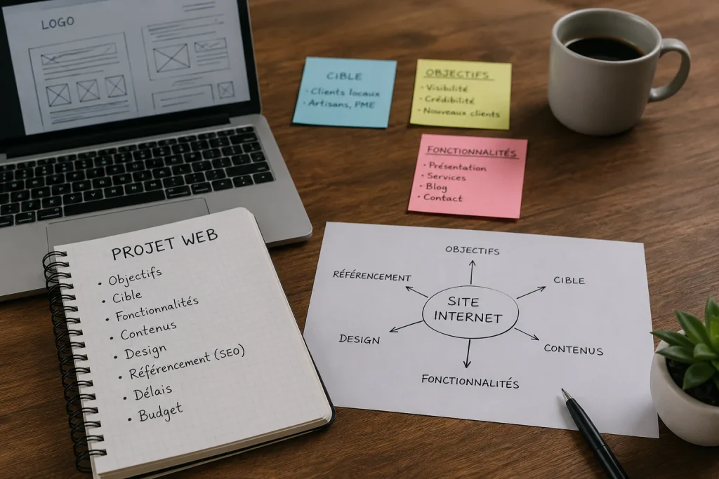 Définition du projet d'un site WordPress avec identification des objectifs, du public cible, des fonctionnalités, des contenus et de la stratégie de référencement.