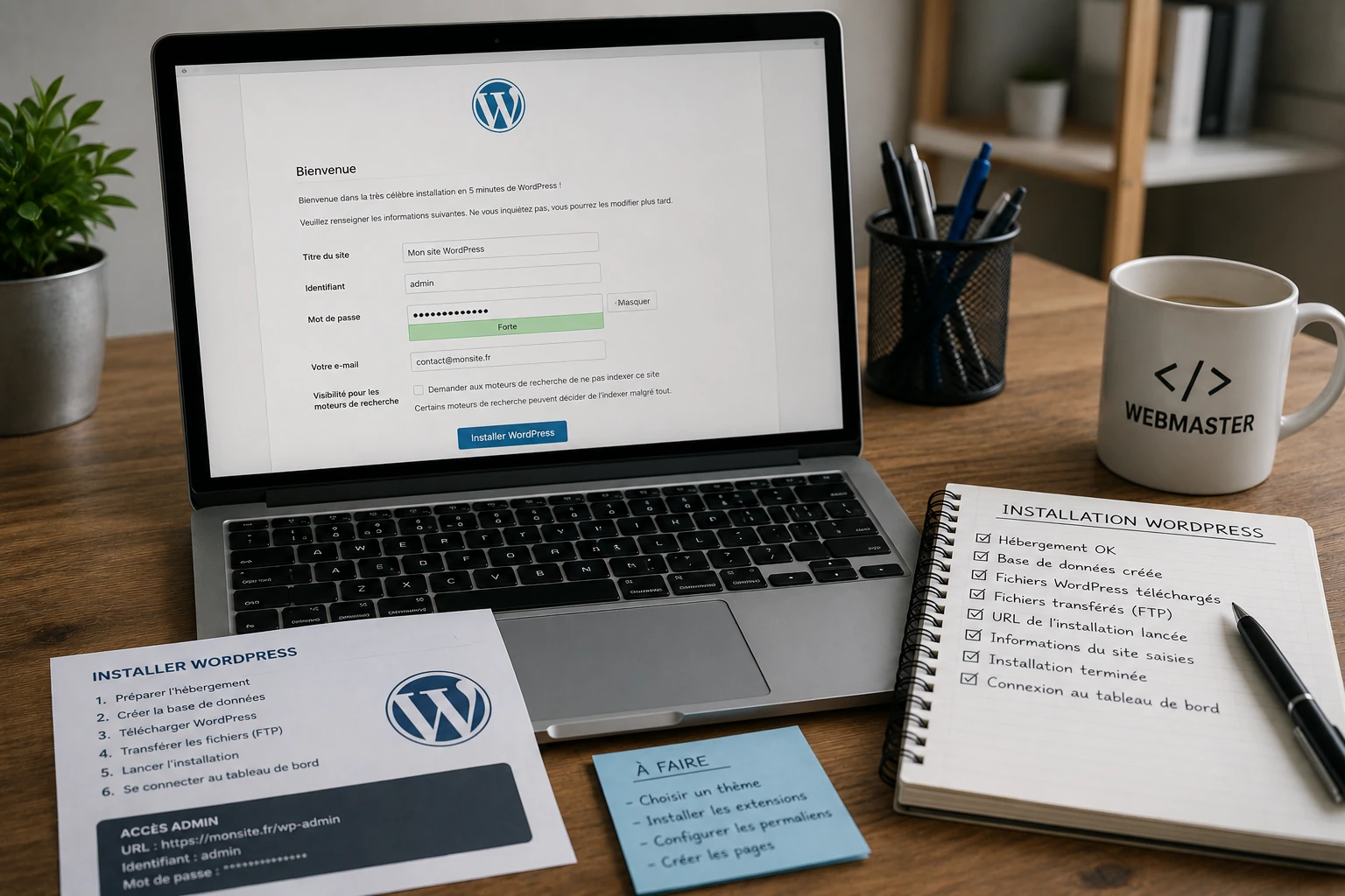 Installation d'un site WordPress avec l'écran de configuration initiale, les informations d'administration et la check-list des étapes d'installation.