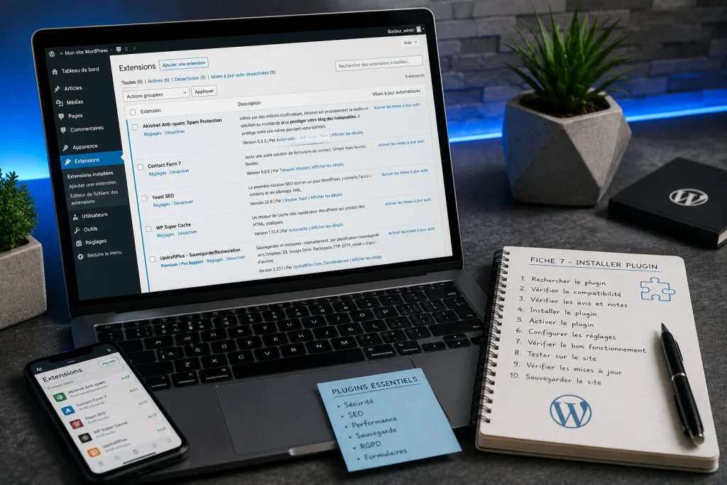 Installation et configuration des extensions d'un site WordPress avec sélection des plugins essentiels pour la sécurité, le SEO, les performances, les sauvegardes et les formulaires.