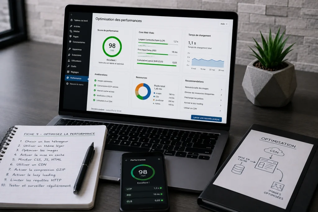Optimisation des performances d'un site WordPress avec amélioration des Core Web Vitals, du temps de chargement, de la mise en cache et de la compression des ressources.