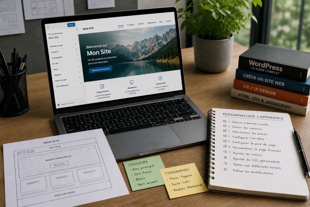 Personnalisation de l'apparence d'un site WordPress depuis le panneau de personnalisation avec réglages des couleurs, de la typographie, des menus et de la mise en page.