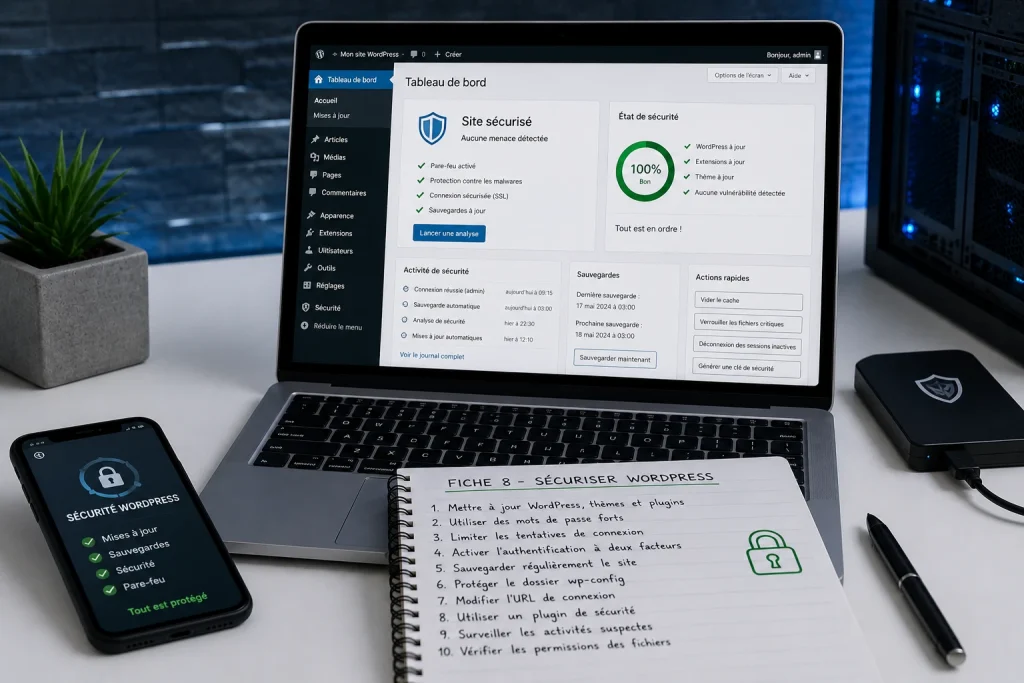 Sécurisation d'un site WordPress avec surveillance des menaces, mises à jour, sauvegardes, pare-feu et protection contre les logiciels malveillants.