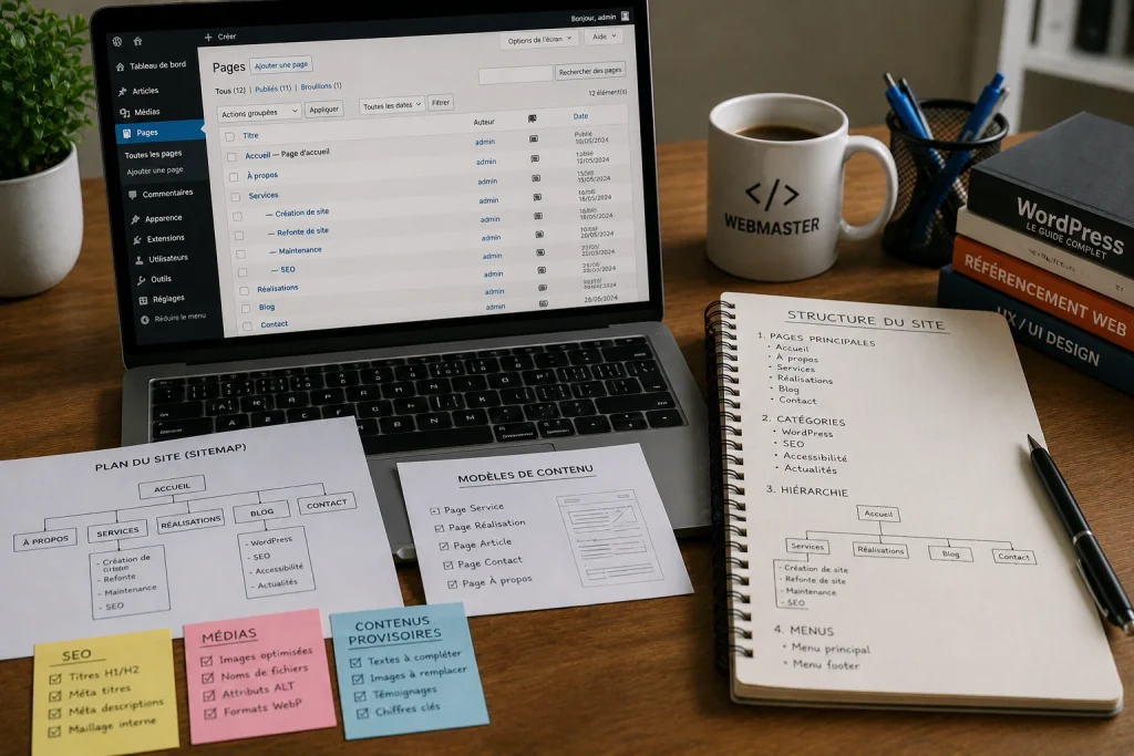 Organisation de la structure d'un site WordPress avec le plan du site, les pages, les menus, les contenus et les optimisations SEO.