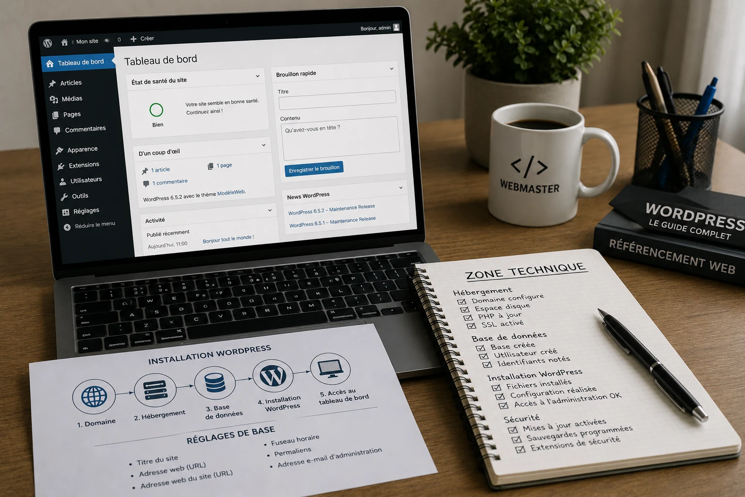 Tableau de bord WordPress affichant la zone technique d'un site avec les réglages d'hébergement, de sécurité, de base de données et d'installation.