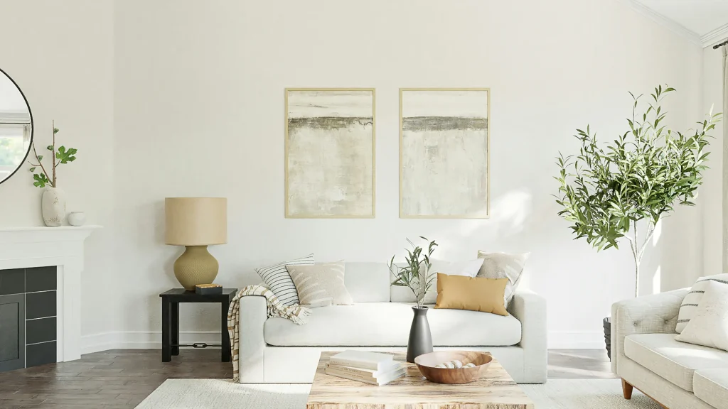 salon joli et moderne avec canapés blanc, cheminée moderne et arbuste d’intérieur dans pot
