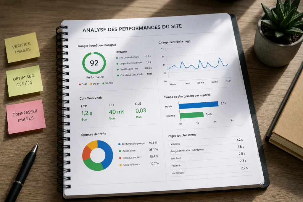 Rapport d'analyse des performances d'un site WordPress présentant les indicateurs Core Web Vitals, le score Google PageSpeed Insights et des recommandations d'optimisation.