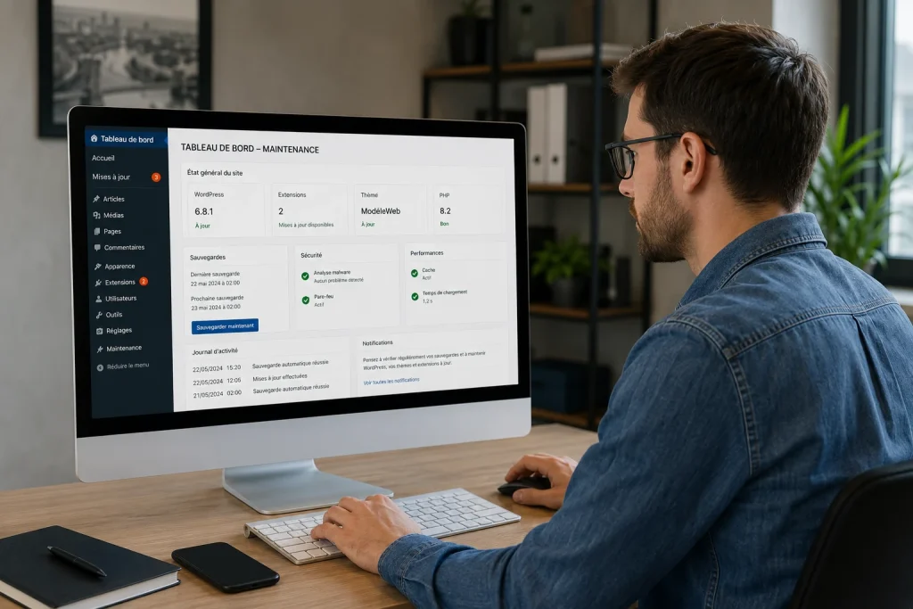 Personne réalisant la maintenance d'un site WordPress depuis un tableau de bord affichant les mises à jour, les sauvegardes, la sécurité et les performances du site.