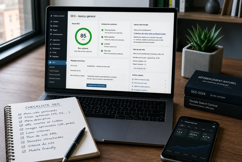 Configuration du référencement SEO d'un site WordPress avec optimisation des titres, des métadonnées, du plan de site XML, des mots-clés et des performances.