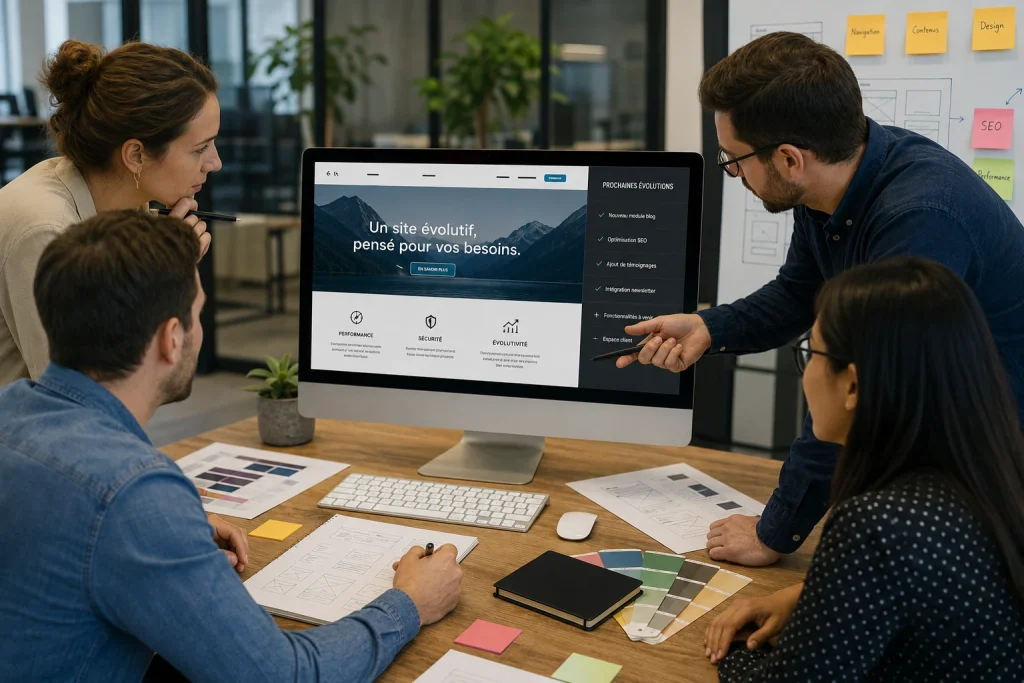 Réunion de travail autour de l'évolution d'un site WordPress avec présentation des futures fonctionnalités sur un écran d'ordinateur.