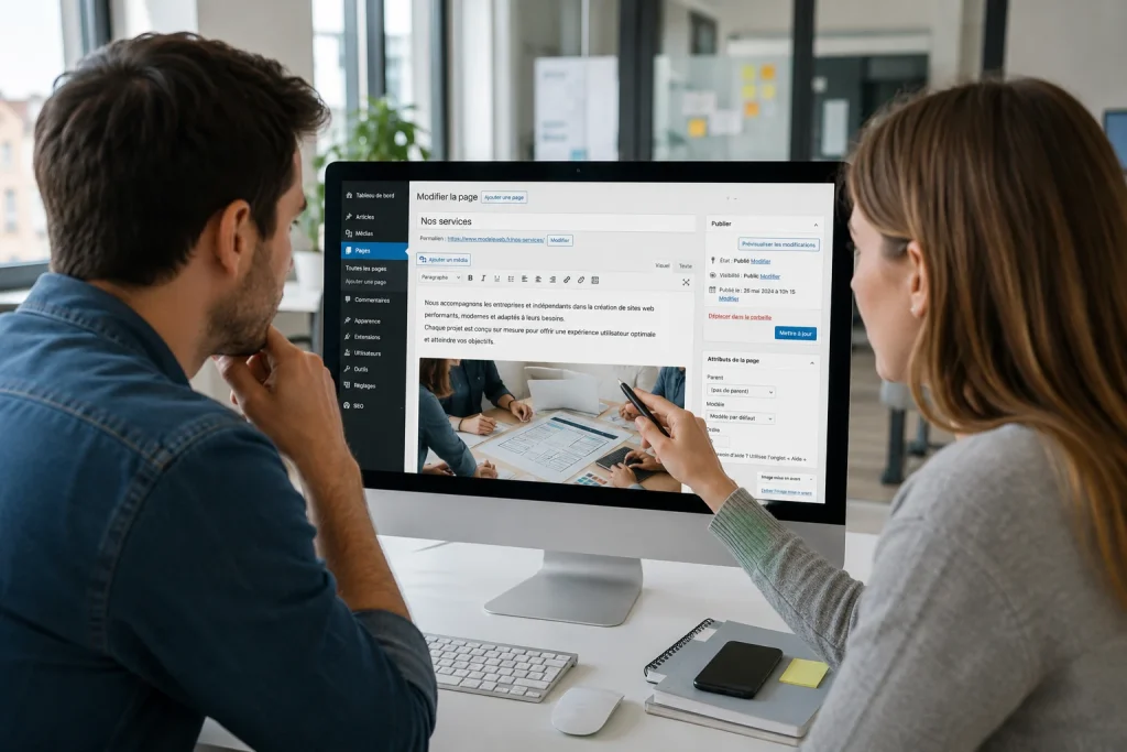 Gestion du contenu éditorial d'un site WordPress avec modification d'une page, ajout de texte, d'images et mise à jour des contenus.