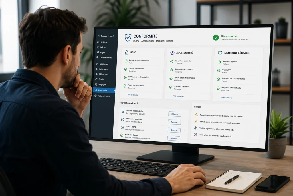 Contrôle de la conformité d'un site WordPress avec vérification du RGPD, de l'accessibilité, des mentions légales et des bonnes pratiques de sécurité.