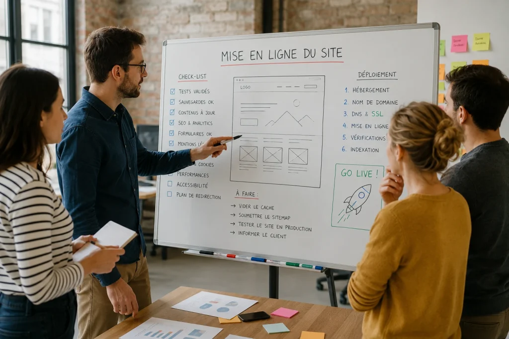 Équipe préparant la mise en ligne d'un site WordPress devant un tableau présentant la check-list de déploiement, les vérifications SEO et les étapes de publication.