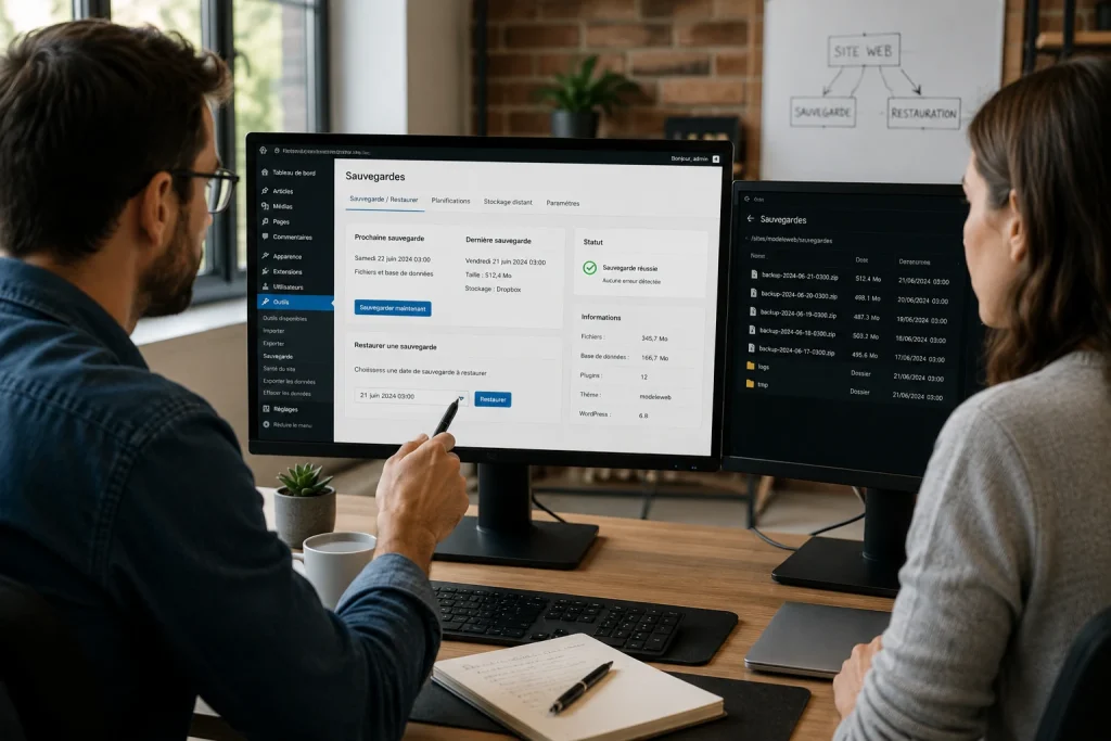 Personnes gérant les sauvegardes et la restauration d'un site WordPress depuis un tableau de bord affichant les sauvegardes automatiques et les options de restauration.