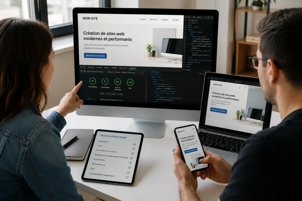 Tests de validation d'un site WordPress sur ordinateur, tablette et smartphone avec contrôle des performances, du SEO, de l'accessibilité et de l'affichage responsive.