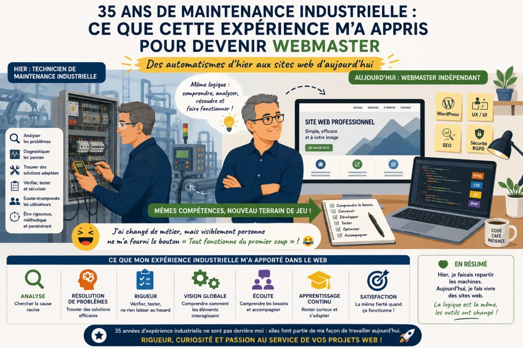 Illustration du passage de 35 ans de maintenance industrielle au métier de webmaster, mettant en avant les compétences et méthodes communes aux deux métiers.