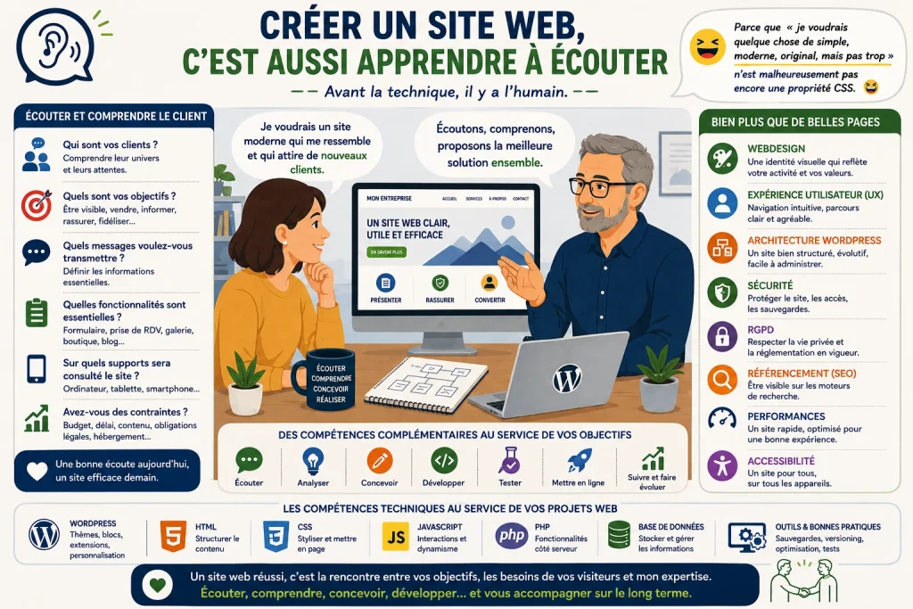 Illustration d’un webmaster à l’écoute de son client pour comprendre ses besoins et concevoir un site web adapté à ses objectifs.