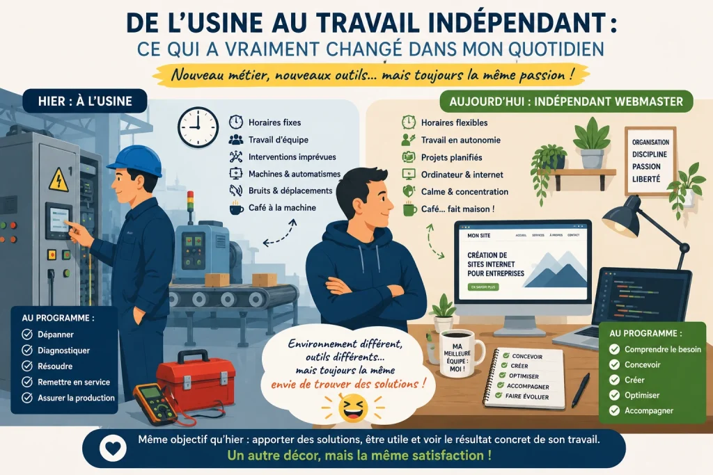 Illustration du passage du travail en usine au métier de webmaster indépendant et des changements dans le quotidien professionnel.