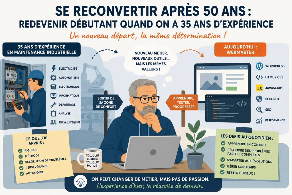 Illustration de la reconversion professionnelle après 50 ans, de technicien de maintenance industrielle à webmaster.